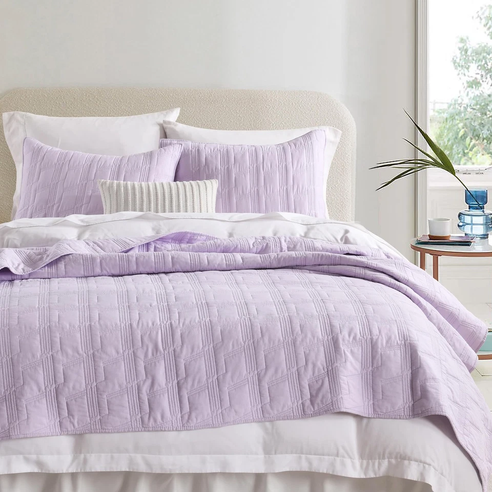 King Size 100% Cotton Quilt Set, Lavender 3-Piece Bedspread with Shams - Image 2 of 4