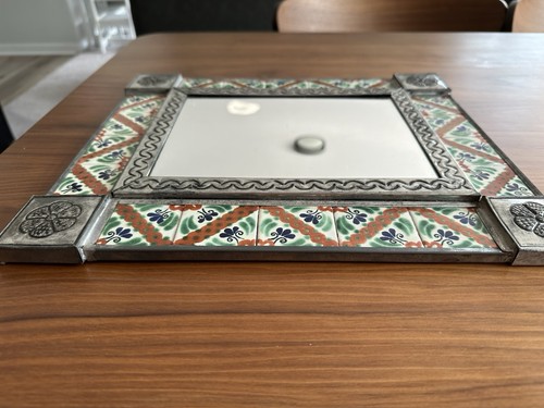 14" PUNCHED TIN MIRROR mixed talavera tile mexican ethnic handmade wall folk art - Picture 3 of 11