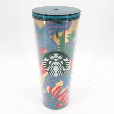 Starbucks Tumbler 24 oz Gold Tropical Floral Print with Teal Lid Summer 2022