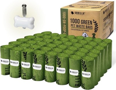 GORILLA SUPPLY Dog Poop Waste Bags with Dispenser and Leash Tie, 9'' X 13'', Green