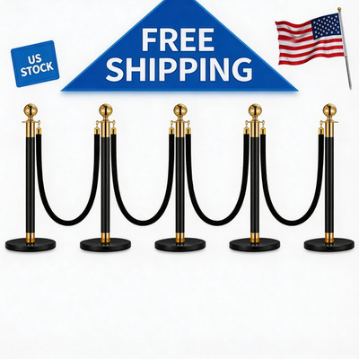 Steel Stanchion Posts Set   5PCS with 4 Black 5ft Soft Rope Stainless Heavy-Duty
