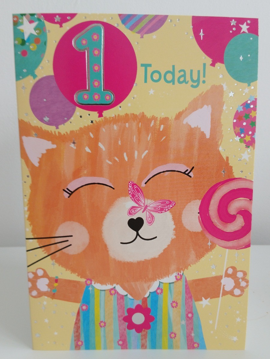 Girls 1st Birthday Card. Age 1 Card. Cat Themed. 19x13cm
