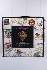 Ed Hardy White 6 pc Cal King Sheet Set Skulls Roses Tattoo Print w/4 Pillowcases