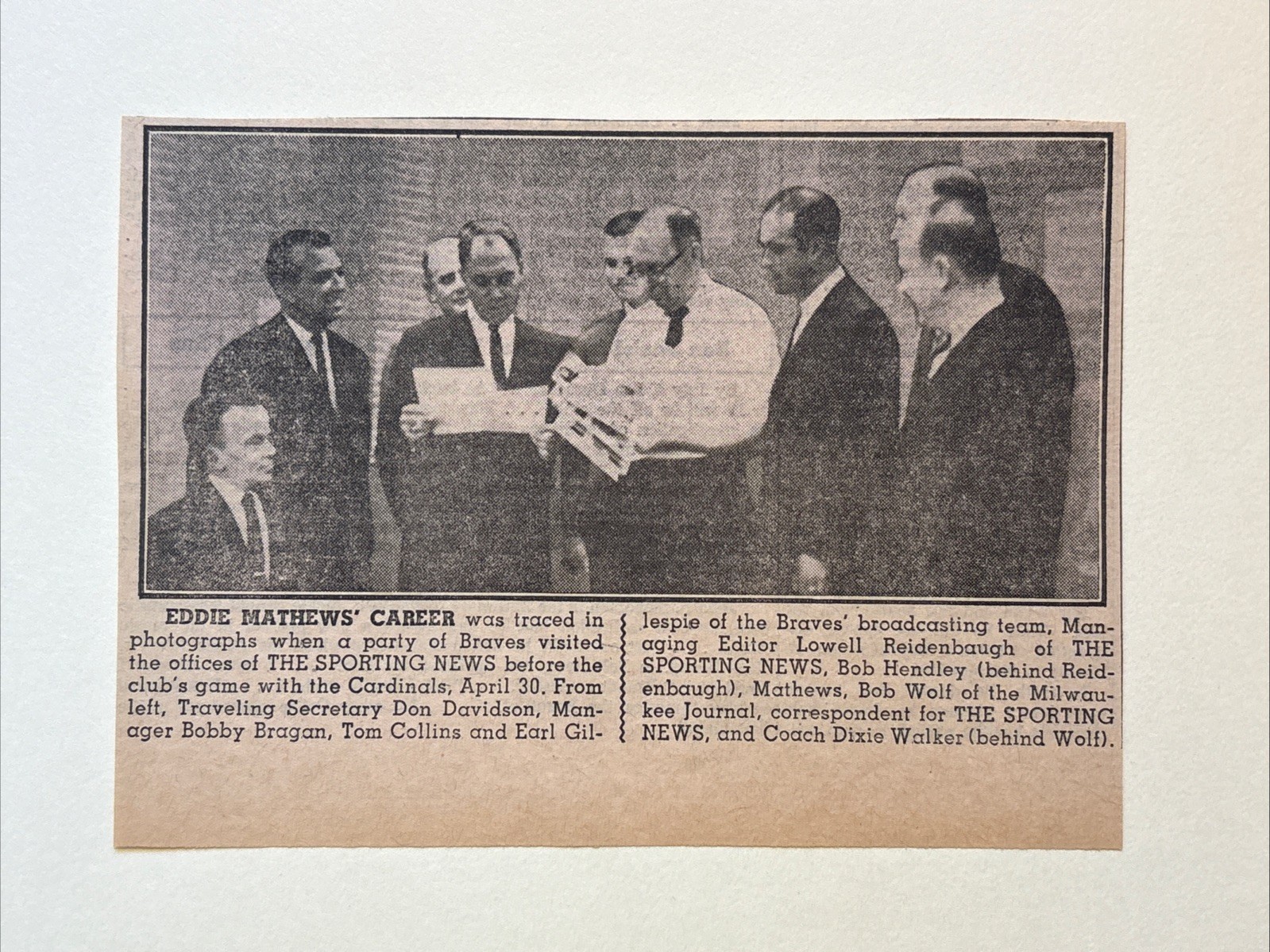 Eddie Mathews Dixie Walker Bobby Bragan 1963 Sporting News Baseball 5X7 Panel