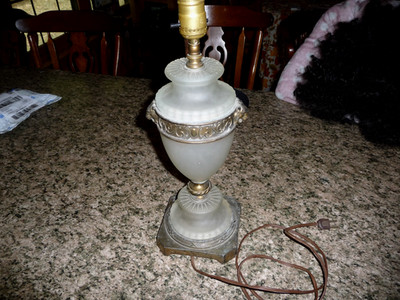 Fine Vintage Milky Glass Table Lamp LionHead Base Art Deco Bronze Finish