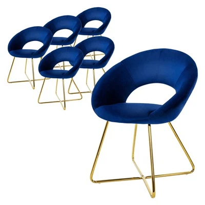 Lot de 6 chaises de salle à manger bleu en velours dossier demi-coque pied doré - Photo 1/4