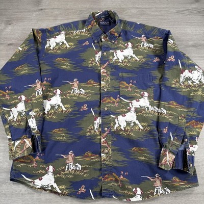 VTG Gant Shirt Mens Large Blue Hunting Dog Print Chelsea Twill Button Front AOP