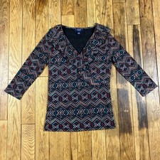 Chaps Southwest Geometric Print Ruffle Neck V-Neck 3/4 Sleeve Top Women's Medium
