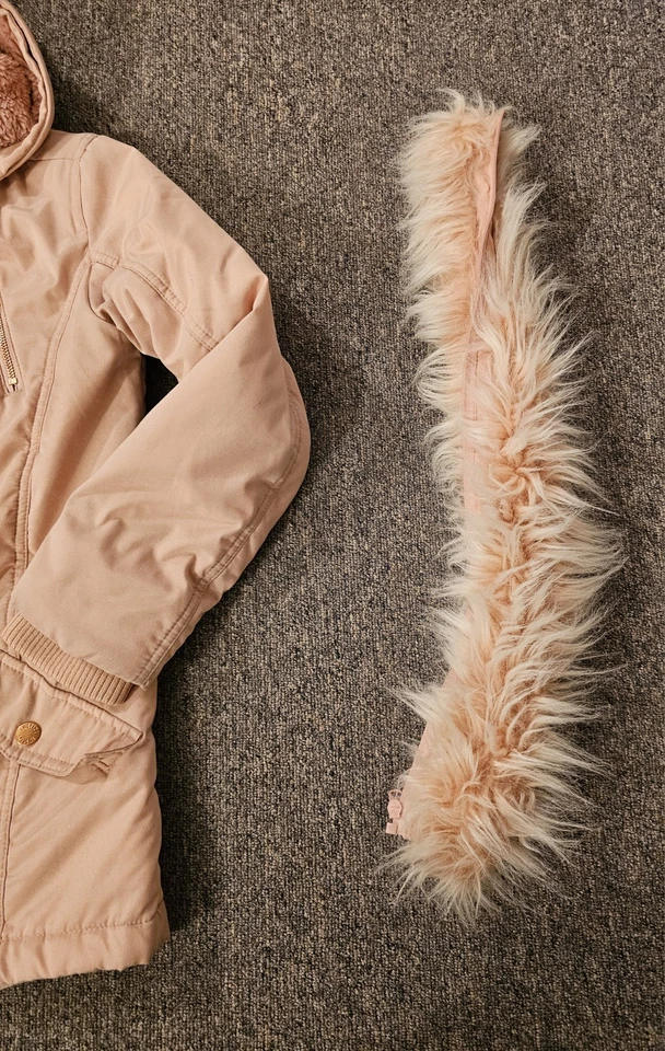 Justice Girls 12 Winter Coat Hooded Removable Fur Curved Split Tail 2 Pockets - Image 3 of 4