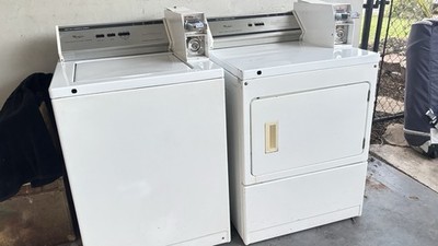 Whirlpool Commercial Coin Washer Dryer Set CAM2762TQ0 CEM2760KQ2 Serviced