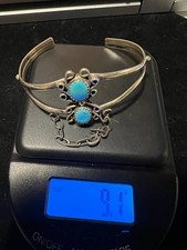 Sterling Silver Turquoise Double Stone Cuff Bracelet 9.1 Grams
