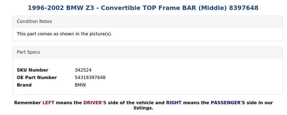 BMW Z3 1996-2002 - Convertible cuadro superior barra (centro) 8397648 Foto 3 de 4