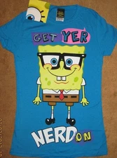 Junior's Sponge Bob Square Pants "Get Yer Nerd On" Fitted T-Shirt Size Small