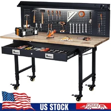 60"x22" Workbench Adjustable Height ,Garage Worktable w/Large Pegboard & Drawers