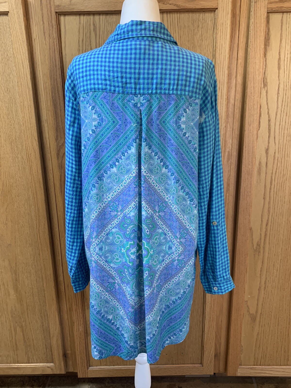 Multiples Women’s Popover Linen Top Tunic Sz. XL X-LARGE Mixed Media Blue Plaid