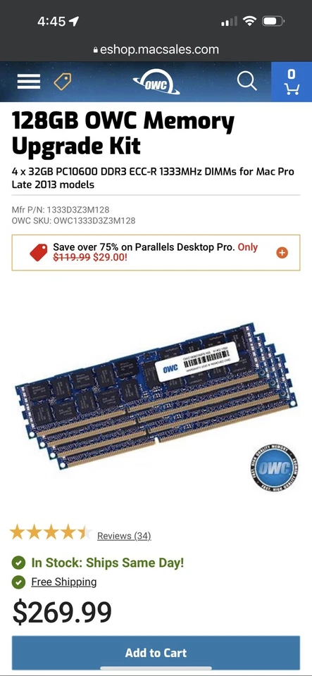 128GB (4 X 32GB) DDR3 1333 Apple Mac Pro Late 2013 A1481 SK Hynix Memory Server - Image 3 of 4