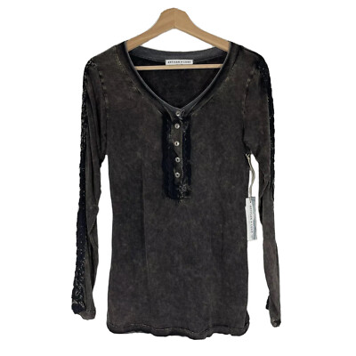 NWT Artisan de Luxe Washed Henley Lace Top Long Sleeves Brown Sz M