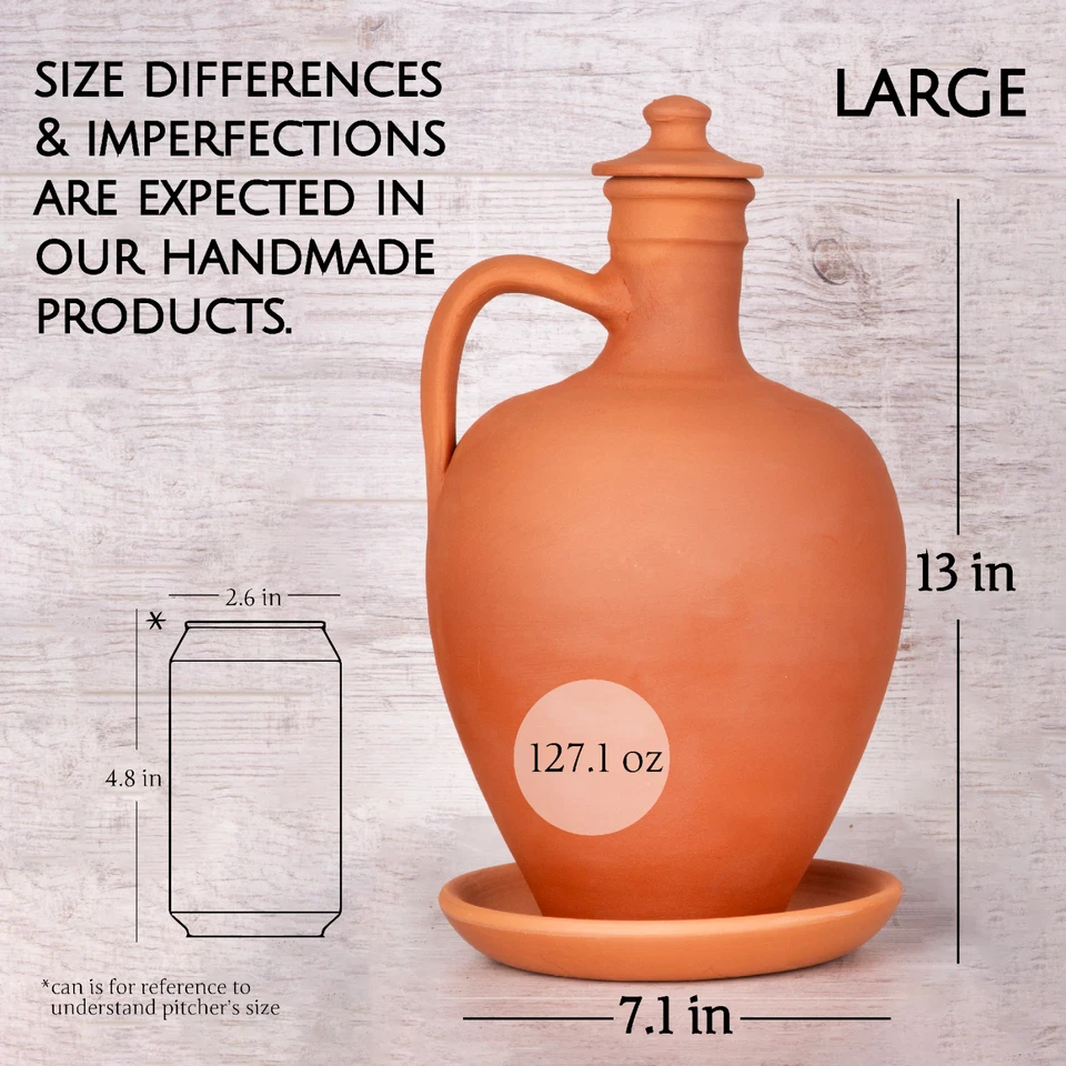 Jarra de agua de arcilla natural hecha a mano con tapa y plato, 3 piezas Foto 2 de 4