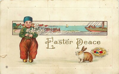 Bunny Rabbits Dancing Easter Peace Egg Embossed Dutch Boy Fishing Town Postcard