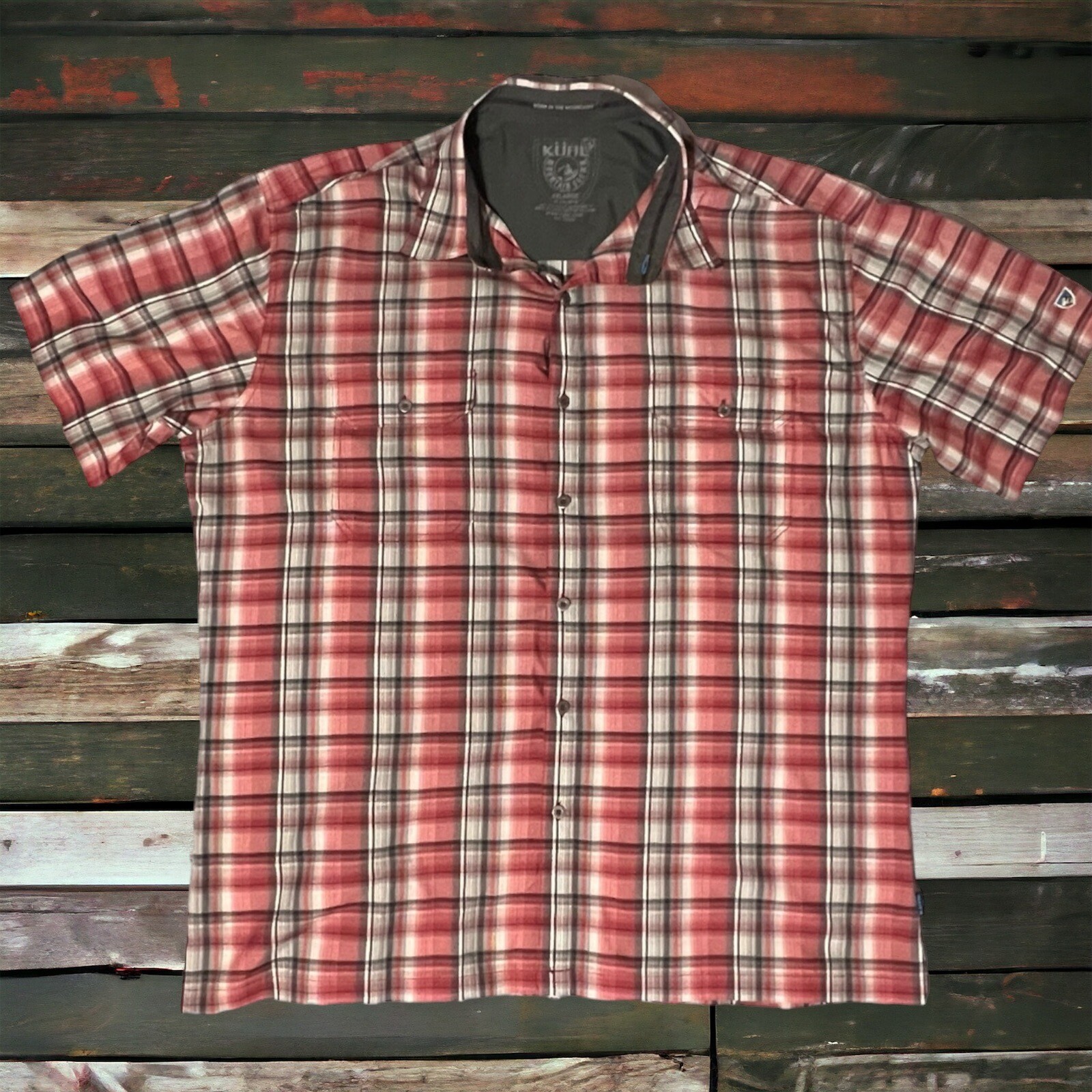 KÜHL Shirt Men's XXL Red Gray Plaid Button Up Short Sleeve Hiking