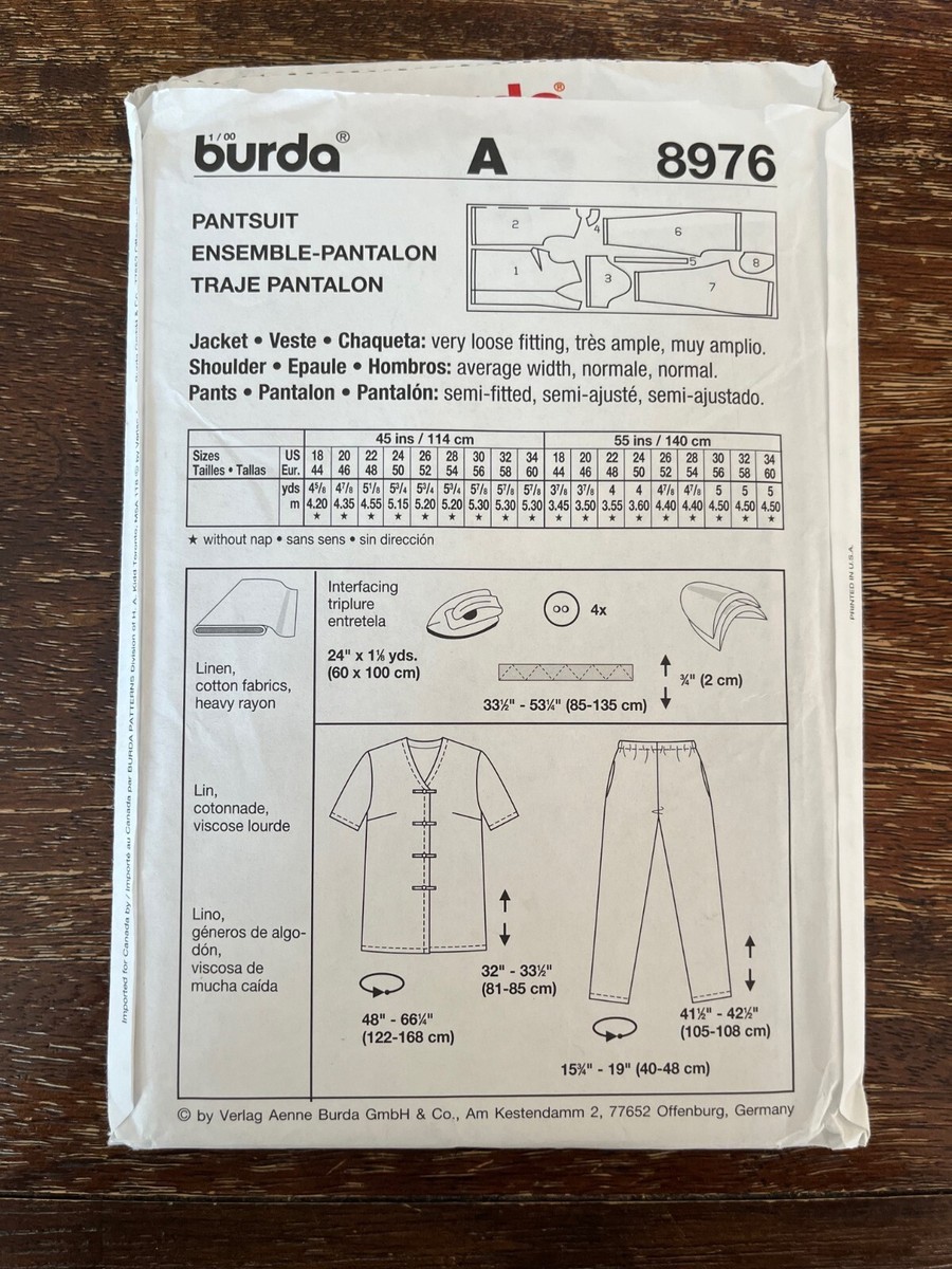 Burda 8976 UNCUT Sewing Pattern, Misses' Pantsuit, Size 18-34 | eBay