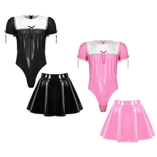 AU Sissy Mens Maid Anime Cosplay Outfits Sexy Bodysuit with Flared Skirt Outfits - Picture 6 of 29