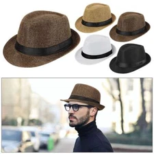 Mens Womens Straw Short Brim Jazz Fedora Hat Trilby Cuban Panama Summer Sun Cap