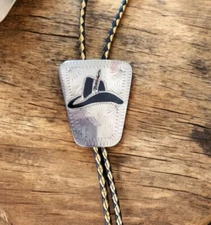 Vintage Sterling Silver Bolo Tie Black Enamel and Coral Inlay