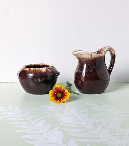 Brown Drip Glaze Pottery Vintage Cream and Sugar Set