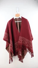 Vintage fringed poncho in burgundy with thunderbird border OSFM