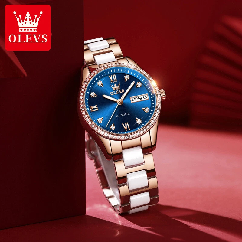 OLEVS Women Ceramic Watch Stainless Steel Self Winding White Butterfly Dial Women's Watch Diamond Luxury Waterproof Automatic Wa　並行輸入 OLEVS Women Stainless Steel Ceramic Band Automatic Mechanical