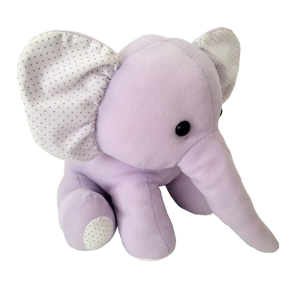 Purple Elephant Plush White Ears Feet Blue Polka Dot 9" Sitting Soft