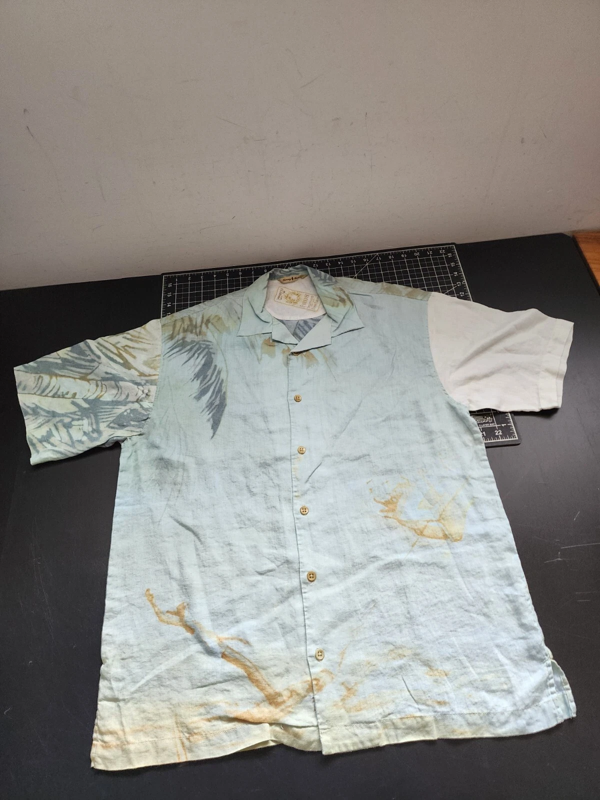 Tommy Bahama Mens M Linen Shirt Light Blue Imported Paradise Island Print Aloha