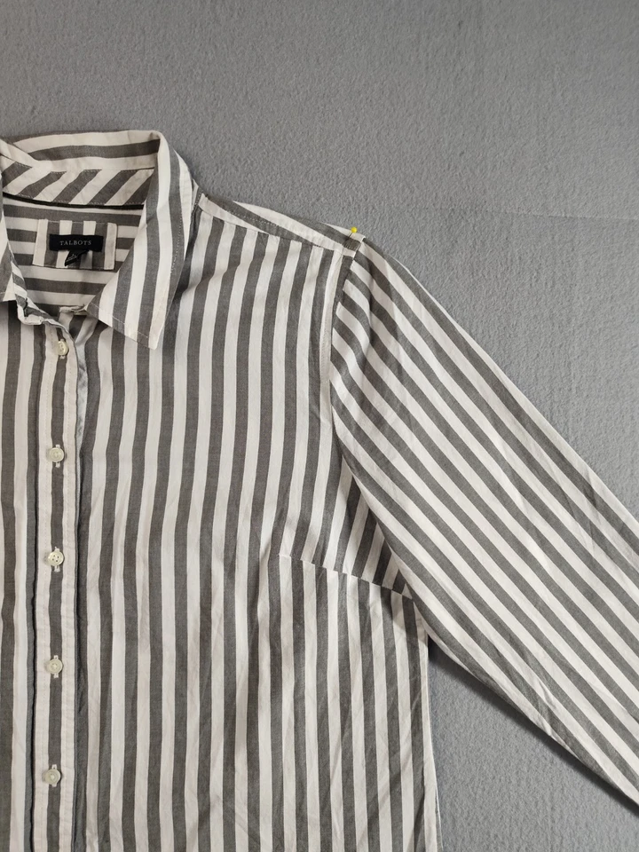 Talbots Women Top L White Gray Striped Long Sleeve Collared Button-down Outdoor - Image 3 of 4