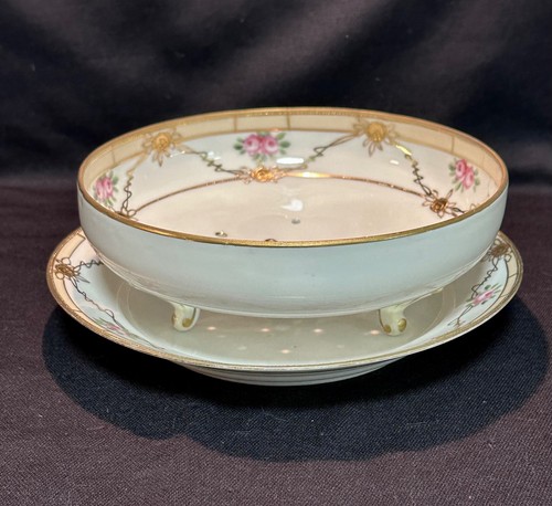 Nippon M-in-Wreath Berry Bowl Strainer w/Underplate Hand Painted Gold 1911-1918 - Picture 2 of 11