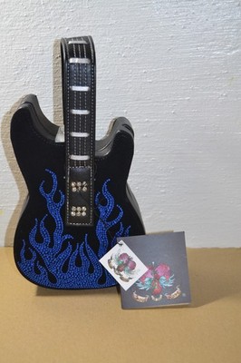 NWT Soul of the Rose Guitar Shaped Black/Blue Jeweled Flames Jewlery Case