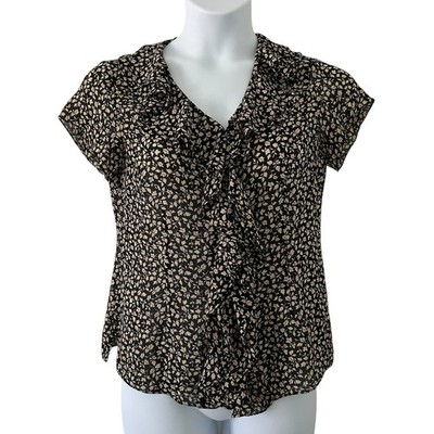Studio by Liz Claiborne Women's Leaves Ruffle Button Front Black Tan Blouse 8