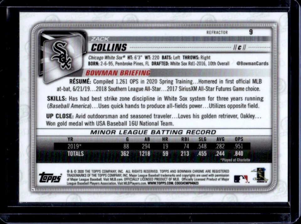 2020 Bowman Chrome Zack Collins RC Refractor Rookie #408/499 White Sox - Image 2 of 2
