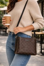 Nine West Shonda Mini Crossbody Bag Brown Monogram Logo Faux Leather 8x8x3.5