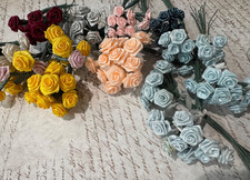 Vintage Ribbon Flowers LOT Roses Wired Stems Crafts/Dolls/Favors Assorment