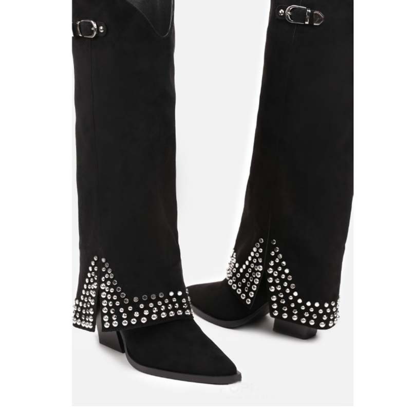 New Women's High Heels Leather Pointed Toe Buckles Boots Rivets Knee High Boots