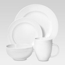 16pc Porcelain Beaded Rim Dinnerware Set Whit...