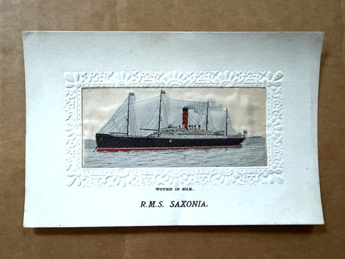 Early 20th cent. passenger ship RMS Saxonia Stevengraph silk weave postcard unc.