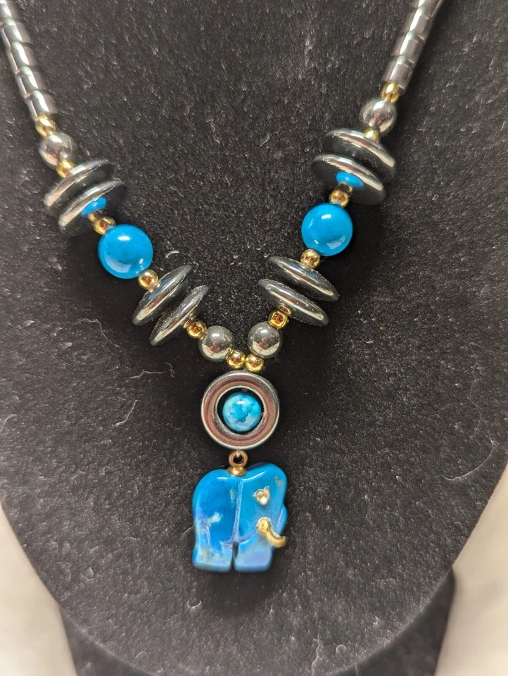 复古 Hematite And Stone 大象项链 17 英寸串珠有趣美丽独特  — 第 3/4 张图片