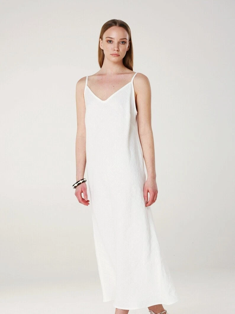 OFF WHITE Camicia da notte in lino abito da notte abito con schiena a V profonda lino morbido lavato abito da notte