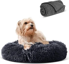 Calming  Fluffy Soft Pet Bed + Blanket for Cats/Dogs, Plush Warm Sleep Pet Bed