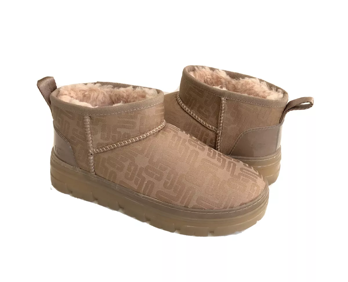 UGG CLASSIC ULTRA MINI MONOGRAM CLEAR TAN GREY SHEARLING BOOT US 6 / EU 37  /UK 4