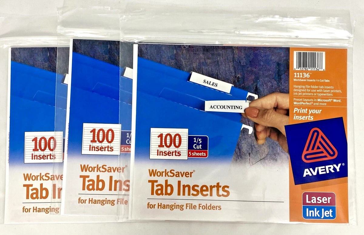 Avery 11136 Printable Inserts For Hanging File Folders, 1/5, 45 OFF