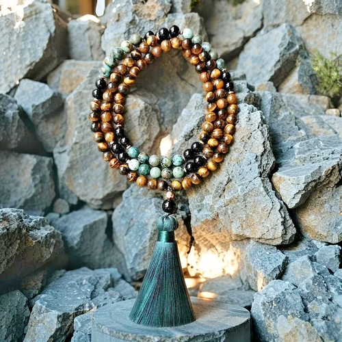 108 Mara Beads Tiger's Eye Turquoise Healing Prayer Tassel Women Men Necklace