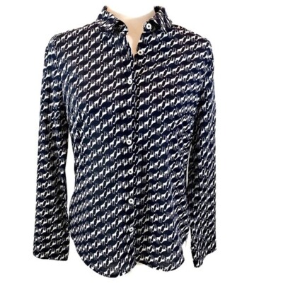 Crown & Ivy sz MP navy giraffe long sleeve button up collared 100% Cotton blouse